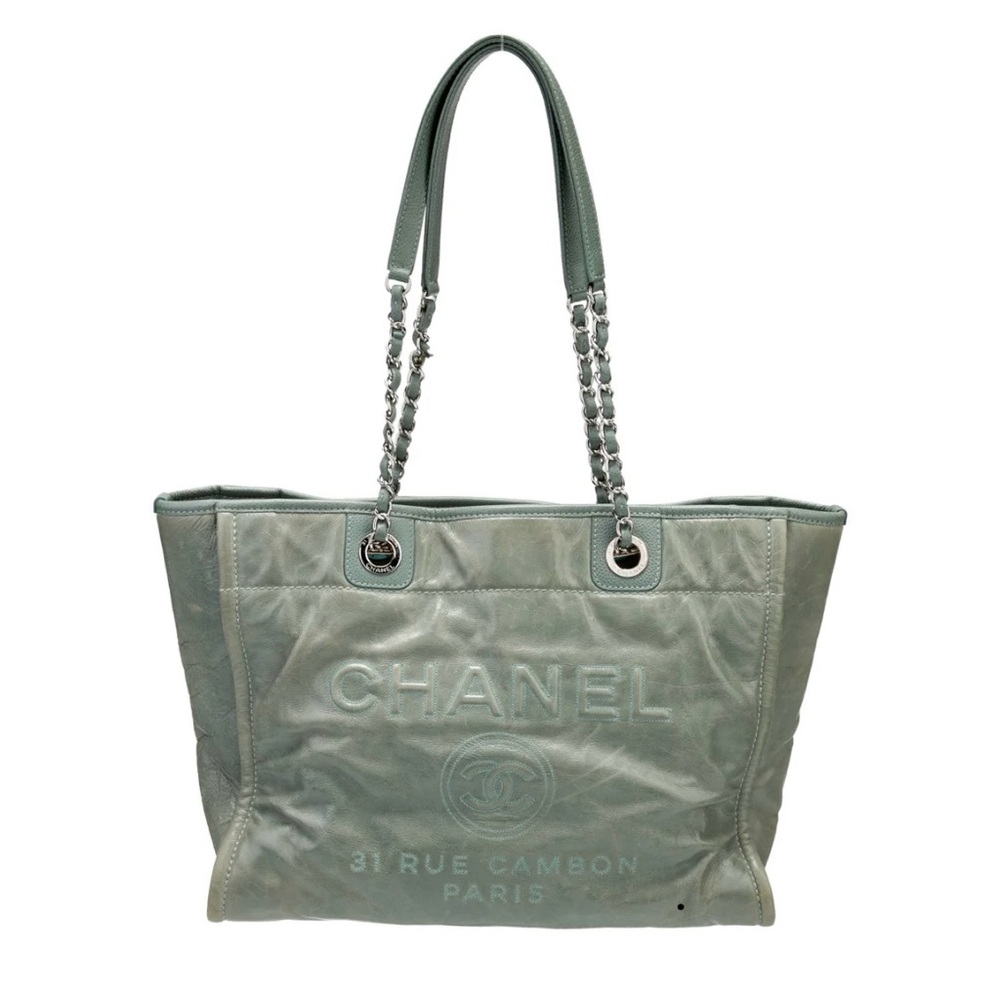 chanel small deauville tote in green leather with silver hardware